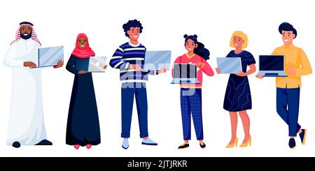 Uomini e donne multietnici in piedi con computer portatili. Illustrazione dei caratteri vettoriali dei cartoni animati piatti. Persone in possesso di computer. Team di tecnologia Internet, Busi Illustrazione Vettoriale