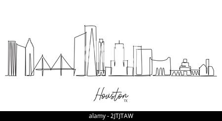 Disegno a linea continua singolo dello skyline della città di Houston USA. Famoso panorama dei grattacieli della città. Mondo viaggio cartolina home decor muro arte poster stampa c Illustrazione Vettoriale