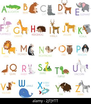 Cartoon carino zoo alfabeto illustrato con simpatici animali. Alfabeto inglese. Imparare a leggere. Vettore isolato illustrazione. Illustrazione Vettoriale