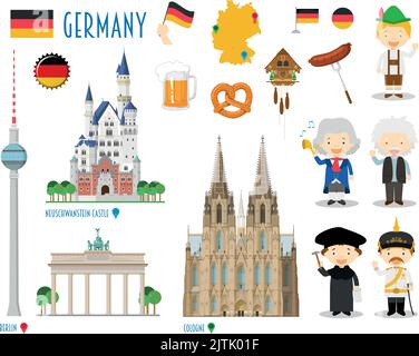 Germania Flat Icon Set viaggio e turismo concetto. Illustrazione vettoriale Illustrazione Vettoriale