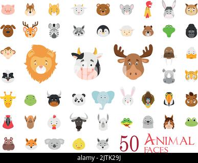 Set di 50 facce di animali in stile cartoon Illustrazione Vettoriale