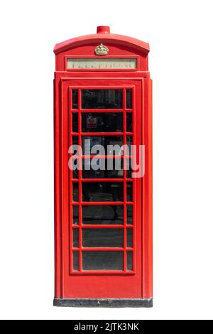 Cabina telefonica rossa inglese isolata su sfondo bianco Foto Stock