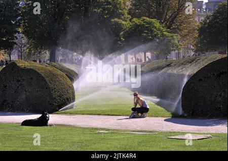 FRANCIA. PARIGI (75) 1 DISTRETTO ST. IL 10 AGOSTO 2022 AL GIARDINO DELLE TUILERIES. NONOSTANTE L'ONDATA DI CALDO E LA MANCANZA DI ACQUA , L'ANNAFFIAMENTO DEI PRATI Foto Stock