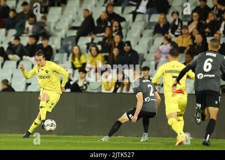 31st agosto 2022; Campbelltown Sports Stadium, Leumeah, New South Wales, Australia; Australia A League Cup, quarto di finale, Macarthur FC contro Wellington Phoenix: Bozhidar Kraev di Wellington Phoenix passa in attacco Foto Stock