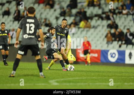 31st agosto 2022; Campbelltown Sports Stadium, Leumeah, New South Wales, Australia; Australia A League Cup, quarto di finale, Macarthur FC contro Wellington Phoenix: Kearyn Baccus del Macarthur FC libera il campo di calcio Foto Stock