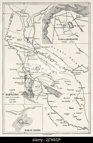 Antica mappa di Babilonia, Iraq. Viaggio a Babilonia da Guillaume Lejean 1866 da le Tour du Monde 1867 Foto Stock