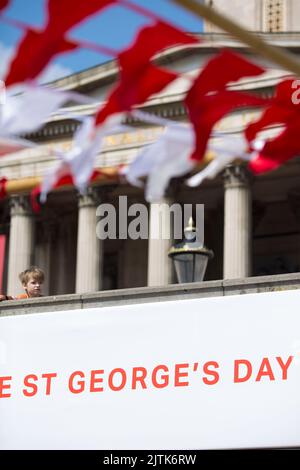 Uno spettatore è visto dietro le decorazioni mentre le persone si riuniscono per le celebrazioni del giorno di San Giorgio a Trafalgar Square, nel centro di Londra. Foto Stock