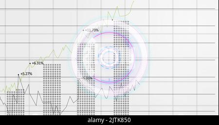 Immagine dello scanner rotondo sulla rete a griglia con elaborazione dei dati statistici su sfondo grigio Foto Stock