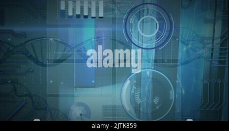 Immagine di scanner rotondi, elaborazione dati e strutture di dna che ruotano su sfondo blu Foto Stock