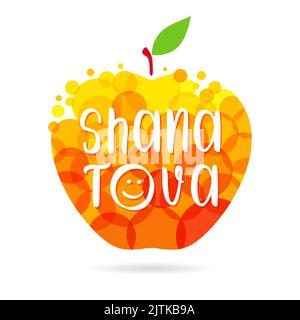 Scheda Rosh hashana - Capodanno ebraico. Testo di saluto Shana tova traslitterazione significa avere un anno dolce. Illustrazione creativa del vettore della mela. Isolato ab Illustrazione Vettoriale