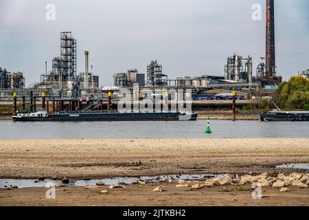 Reno vicino a Emmerich, acqua estremamente bassa, livello del Reno a 0 cm, tendenza alla caduta, sfondo dell'impianto chimico KLK Emmerich, per prodotti oleochimici Foto Stock