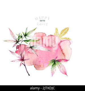 Raccolto di cannabis, la marijuana lascia la cornice per il testo. Acquerello botanico illustrazione di salute, piante dorate. Sfondo dei coni di Ganja nei colori rosa Foto Stock