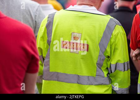 Belfast, Regno Unito. 31st ago, 2022. 31st agosto 2022: I lavoratori di Royal Mail, Post Office, BT e Openreach sono impegnati in un'azione di sciopero. Ciò è per assicurare l'aumento di paga a fuori ha fissato l'alto costo degli aumenti di vita visti nell'ultimo anno. Il Rally si è tenuto nel Municipio di Belfast alle 1pm. Credit: Bonzo/Alamy Live News Foto Stock