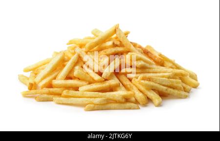 Mucchio di patatine fritte dorate isolate su bianco Foto Stock