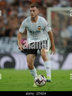 Toni lato del Valencia FC durante la partita la Liga tra Valencia CF e Atletico de Madrid disputata allo stadio Mestalla il 29 agosto 2022 a Valencia, Spagna. (Foto di Colas Buera / PRESSIN) Foto Stock