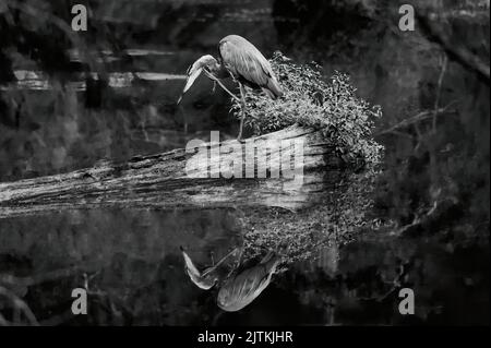Un grande Heron blu graffia il collo mentre riposa su un ceppo al lago Bluff. Foto Stock