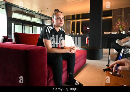 Nicky Evrard, portiere del Belgio, è stato intervistato durante una conferenza stampa della nazionale belga di calcio femminile The Red Flames, a Tubize, mercoledì 31 agosto 2022. Venerdì la squadra norvegese giocherà nelle qualifiche per i Campionati del mondo. FOTO DI BELGA DAVID CATRY Foto Stock