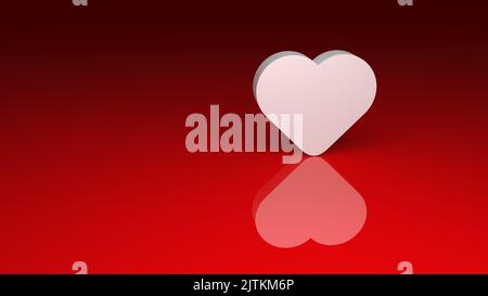 Cuore bianco 3D posizionato su una scrivania rossa lucida con riflesso. Simbolo della romantica giornata di San Valentino. Spazio libero per il testo personalizzato o il saluto d'amore. Rendering 3D. Foto Stock