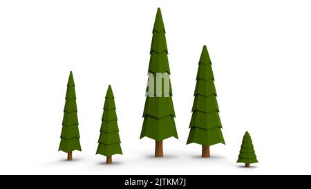 Set di alberi di pino basso isolato su sfondo bianco. Modello ad albero naturale 3D con ombra su scrivania bianca. Utilizzabile su modelli di ambiente orizzontale o nat Foto Stock