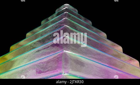 Rendering 3D. Piramide di cristallo con colori blu, giallo e viola su sfondo isolato nero. Forma astratta in vetro con forma piramidale. Gemma di cristallo Foto Stock