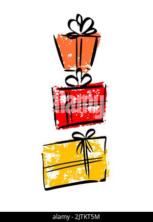 Tre scatole regalo luminose con archi e nastri. Regali per Natale, Capodanno e altre festività. Illustrazione vettoriale. Illustrazione Vettoriale