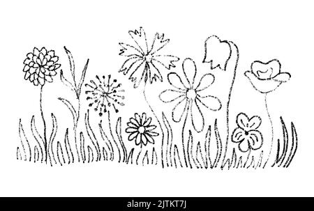 Bambino disegno in stile fiori e farfalla. Grafica vettoriale simile a un pastello a cera su sfondo bianco separato e colorabile. Gli elementi possono essere ridisposti Illustrazione Vettoriale