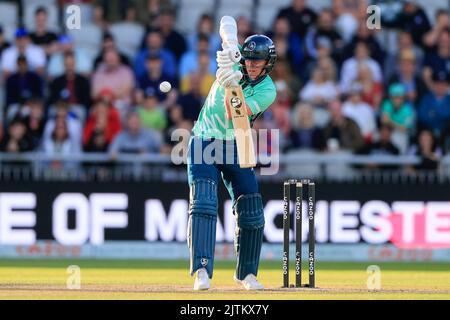 Manchester, Regno Unito. 31st ago, 2022. Sam Curran of Oval Invincibles in batting action durante il gioco Credit: News immagini LTD/Alamy Live News Foto Stock