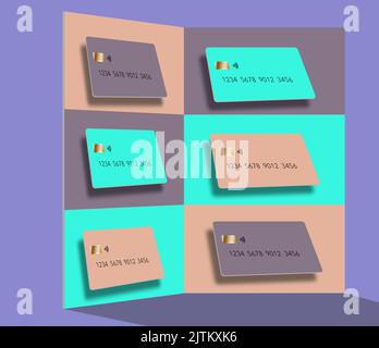 Le moderne carte di credito in colori pastello sono viste su uno sfondo colorato in questa illustrazione 3-d. Foto Stock