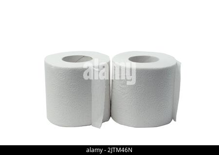 due rotoli di carta igienica morbida isolati su bianco Foto Stock