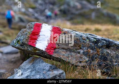 Sentiero escursionistico alpino in Austria, segnato con bandiera austriaca dipinta su una roccia solida lungo il percorso Foto Stock