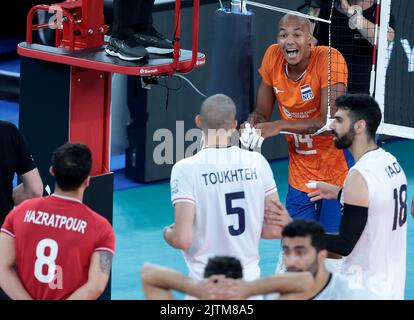 LUBIANA, SLOVENIA - 31 AGOSTO: Nimir Abdel-Aziz dei Paesi Bassi durante il Campionato Mondiale FIVB Pallavolo - Pool F - incontro di fase preliminare tra Paesi Bassi e Iran all'Arena Stozice il 31 agosto 2022 a Lubiana, Slovenia (Foto di Borut Zivulovic/BSR Agency) Foto Stock