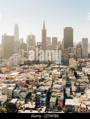 Vista dello skyline del centro cittadino di San Francisco dalla Coit Tower, San Francisco, California Foto Stock