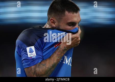 Napoli, Italia. 31st ago, 2022. Matteo Politano di SSC Napoli deiezione durante la Serie Una partita di calcio tra SSC Napoli e US Lecce allo stadio Diego Armando Maradona di Napoli (Italia), 31st agosto 2022. Foto Cesare Purini/Insidefoto Credit: Insidefoto di andrea staccioli/Alamy Live News Foto Stock