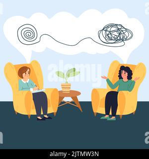 Appuntamento psicologo in stile cartoon flat. Concetto di salute mentale. Illustrazione vettoriale del medico che consiglia il paziente. Due donne che parlano, psychol Illustrazione Vettoriale