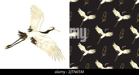 Kimono decorativo con motivi floreali pattern di sfondo con gru e fiori illustrazione vettoriale Illustrazione Vettoriale