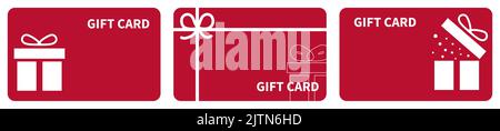 Set di icone rosse per carte regalo. Buoni regalo per lo shopping. Illustrazione vettoriale isolata su sfondo bianco Illustrazione Vettoriale