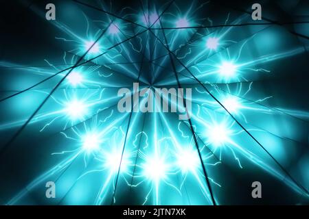 Stelle turchesi al neon su sfondo scuro. Immagine sfocata Foto Stock