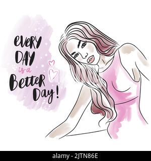 Ogni giorno è un giorno migliore, manoscritto, citazione ispirativa, ragazza bella, umore Illustrazione Vettoriale