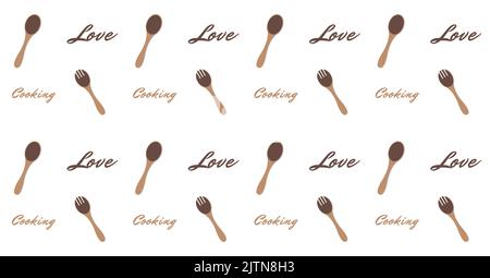 Modello di icone piatte disegnate a mano di roba da cucina. Amore cucina. Sfondo per banner caffè, poster culinario. Stampa modello per corsi di cucina, lezioni, lezioni. Coperchio per la cottura, club di cottura. Illustrazione Vettoriale