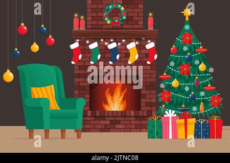 Mattone classico camino con calze, albero di natale, candela, palle, regali e corona. Interni accoglienti. Illustrazione vettoriale in stile piatto Illustrazione Vettoriale