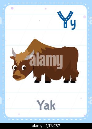 Carta flash stampabile alfabeto con lettera Y. Cartoon simpatico animale marrone yak e parola inglese sulla scheda flash per l'educazione dei bambini. Scheda di memoria della scuola per bambini asilo piatto illustrazione vettoriale. Illustrazione Vettoriale
