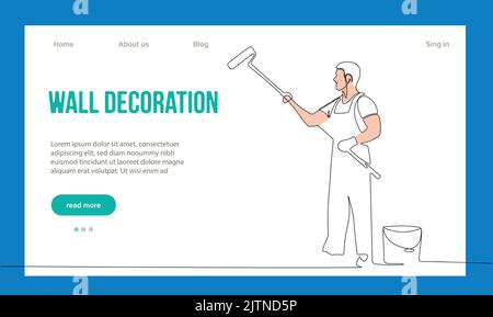 Concetto di riparazione a domicilio. Pagina di destinazione del sito Web. I lavoratori dei riparatori stanno facendo lavori della casa. Personaggi di Cartoon Paint pareti e mettere Tile. Illustrazione del vettore del contorno lineare. Illustrazione Vettoriale