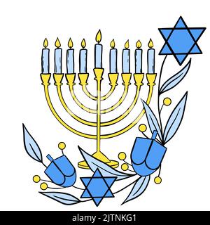 Illustrazione della composizione del menorah di Hanukkah con candele, stella di david ed elementi floreali. Concetto di carta di festa religiosa ebraismo ebreo fede ortodossa. Festive israeli hanukah oggetti sacri design in semplice stile cartone animato minimalista Foto Stock