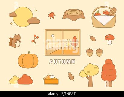 Gli oggetti che rappresentano l'autunno sono disposti intorno alla finestra. disegno piano stile vettore illustrazione. Foto Stock