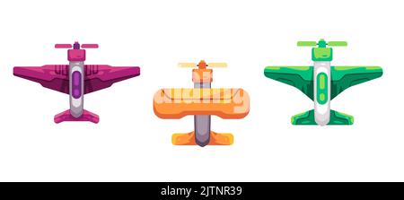 Vista dall'alto dell'aeroplano a elica anteriore nella collezione di asset colorati del gioco grafico Illustrazione Vettoriale