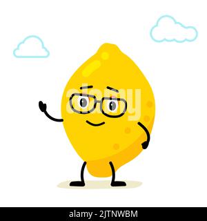 Limone carattere, agrumi. Stile comico carino e divertente. Disegno vettoriale cartoon piano isolato su sfondo bianco. Carattere Limone giallo e maturo Illustrazione Vettoriale