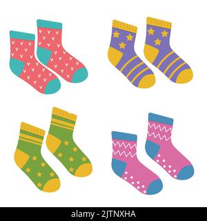 Calze colorate per bambini, illustrazione in stile cartoon con isolamento vettoriale. Illustrazione Vettoriale
