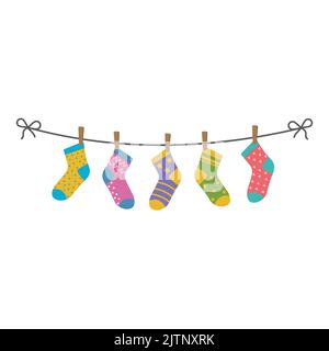 Calzini colorati per bambini appesi su una corda, illustrazione isolata da vettore. Illustrazione Vettoriale