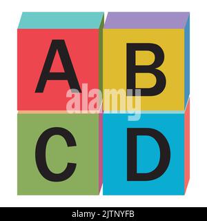 Caratteri alfabetici in legno con lettere A, B, C, D, illustrazione isolata con vettore di colore Illustrazione Vettoriale
