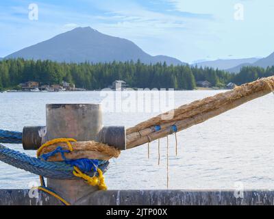 Corde diverse legate intorno a bullard su pontile in tema nautico immagine costiera. Foto Stock